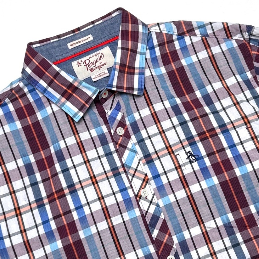 Original Penguin Mens Heritage Slim Fit Plaid Button Down Shirt Size XL Burgundy